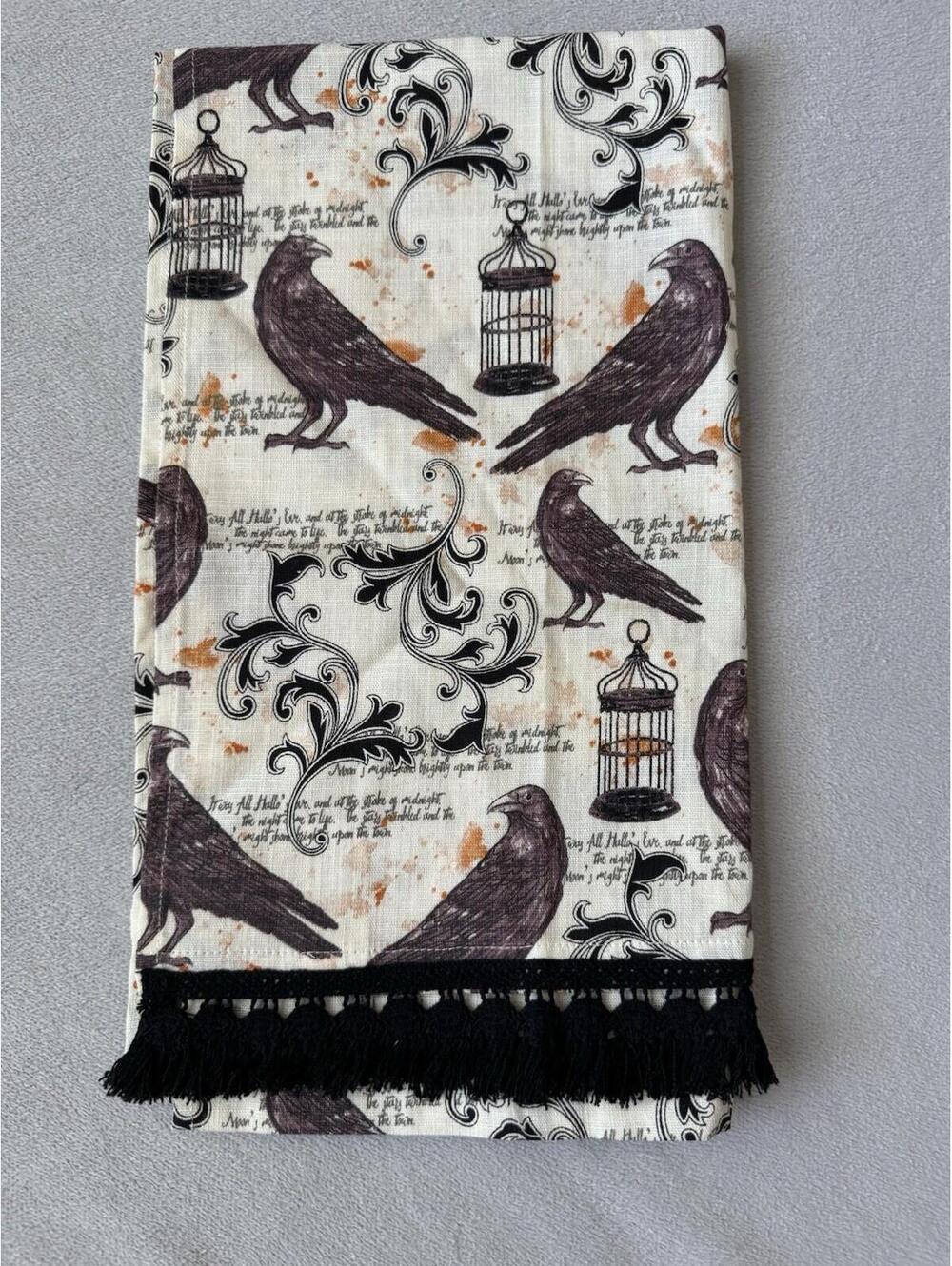 Halloween Raven Kitchen Towel Gothic Crow Birdcage Black Fringe Cotton 16x28